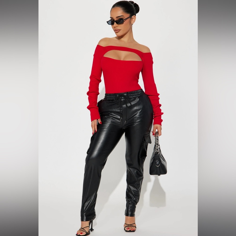 Black faux leather cargo pants